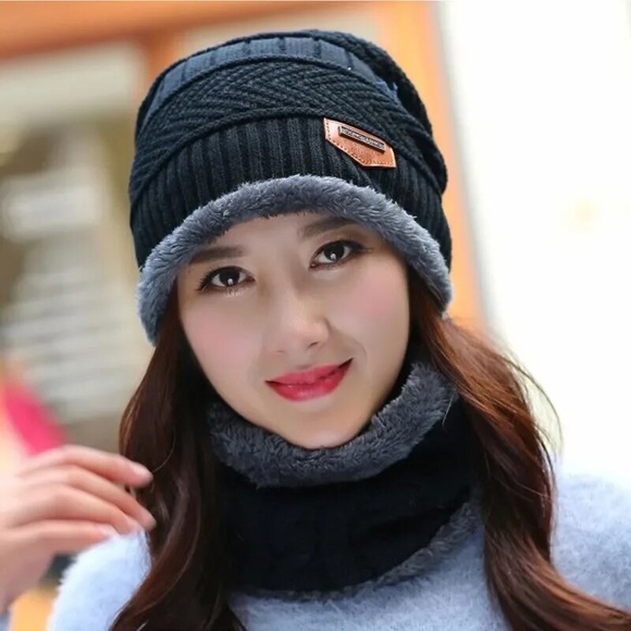 2 pieces winter hats scarf beanie unisex women’s and men color black - Picture 5 of 8
